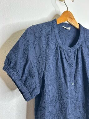 Splendid 100% Cotton Embroidered Puff Sleeve Navy Blue Button Down Blouse